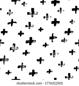 Black crosses vector seamless pattern. Hand drawn cross and plus sign. Black paint brush strokes geometrical pattern for wallpaper, web page background, textile design, graphic design. 