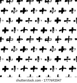 Black crosses vector seamless pattern. Hand drawn cross and plus sign. Black paint brush strokes geometrical pattern for wallpaper, web page background, textile design, graphic design. 