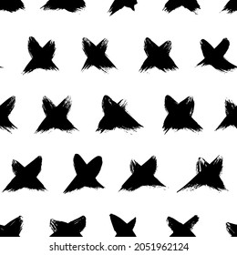 Black crosses vector seamless pattern. Abstract monochrome background with brush strokes. Hand drawn hipster X symbol. Trendy monochrome texture with pluses or crosses, symbols of kisses. 