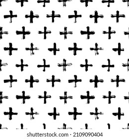 Black Crosses Vector Seamless Pattern. Monochrome Hand Drawn Texture With Crosses Or Pluses. Black Paint Brush Strokes Geometrical Pattern For Wallpaper. Trendy Graphic Grunge Design.