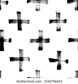 Schwarze Kreuze, Vektornahtloses Muster. Handgezeichnetes Kreuz und Pluszeichen mit Grunge-Textur. Geometrisches Muster mit schwarzen Pinselstrichen. Hipster-Monochrom-Struktur. Trendy Grafikdesign.