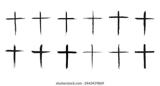 Conjunto de vector de cruces negras aislado sobre fondo blanco. Iconos de las cruces cristianas y católicas.