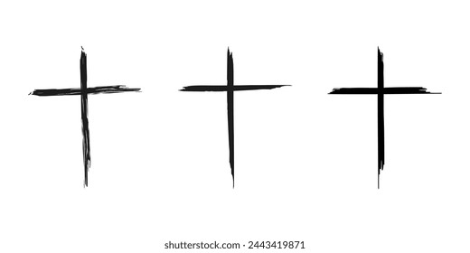 Black crosses vector set isolated on white background. Icons of christian and catholic crosses.