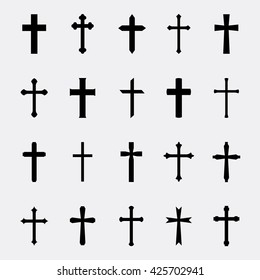 Black crosses vector set isolated on white background.  Icons of christian and catholic crosses. 