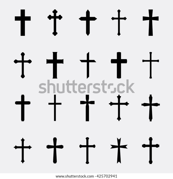 白い背景に黒い十字架のベクター画像セット キリスト教とカトリックの十字架のアイコン のベクター画像素材 ロイヤリティフリー