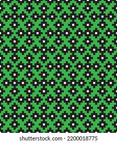 Black cross-stitch knitting pattern on green background. Black square and white dots on green backdrop. Colored fabric pattern design for sale. Knitting handicraft art.