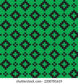 Black cross-stitch knitting pattern on green background. Black square dots on green backdrop. Colorful color theme fabric pattern design for sale. Knitting handicraft art.