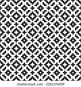 Black cross-stitch knitting pattern on white background. Black square dots on white backdrop. Monochrome fabric pattern design for sale. Knitting handicraft art.