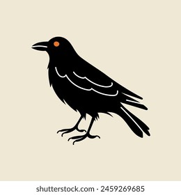 Black crow character, Halloween element in modern flat, line style. Hand drawn illustration