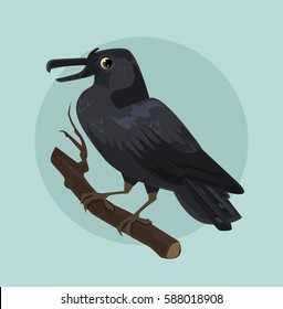 Black crow character sitting on branch. Vector flat cartoon illustration