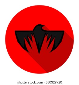 Black crow circle icon with long shadow.Red background.Vector illustration