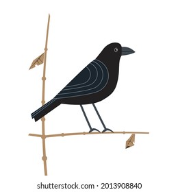 Black crow flat color vector icon. Minimalist bird cartoon sign on white background. Raven sitting on tree branch birdwatching wildlife design element illustration. Wild birds of garden, backyard