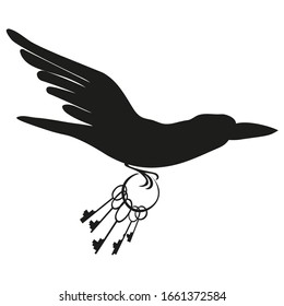 Crow negro con moscas y sostiene un montón de llaves. Imagen de silueta vectorial.