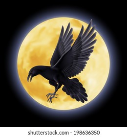 Black crow flying on the background of a full moon