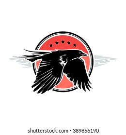 Black crow is flying on the red round background.