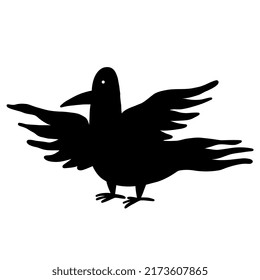 Black Crow. Halloween Raven Character In Black Cartoon Doodle Outline Style. Vector Illustration Of Crow