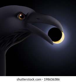 Black crow holding in its beak a darkened moon