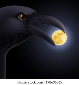 Black crow holding in its beak the moon