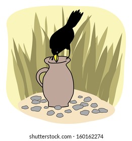 Black crow and a jug Aesop Fables vector