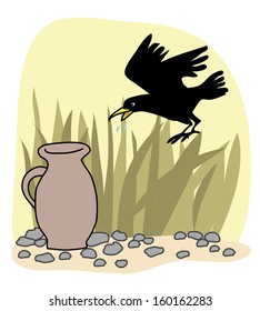 Black crow and a jug Aesop Fables vector