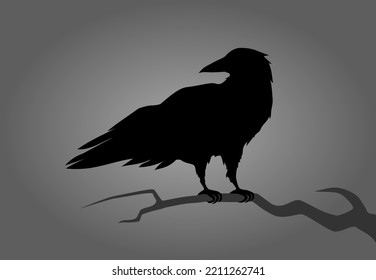 Black Crow Minimalis Art Raven Silhouette - Dark Grey Colors with Gradient Background - Allan Poe Illustration Halloween bird