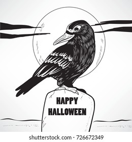 Black crow on grave with Happy Halloween text engraved