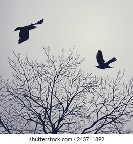 Black crow on lead sky. All elements can be painted and used separately.