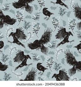 Black crow on light blue background. Vector seamless pattern. Surface design for fabric, wallpaper, wrapping paper, scrapbooking, invitation card, fashion. 