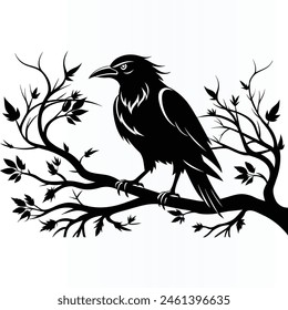 Black crow on tree branch. Vector illustration isolated from background. Silhouette.