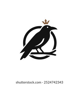 Black Crow Raven With Crown Logo Design on Tree Branch for Nature Wildlife	