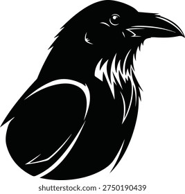 Black crow or raven head vector illustration, stylized bird mascot logo isolated on white background.