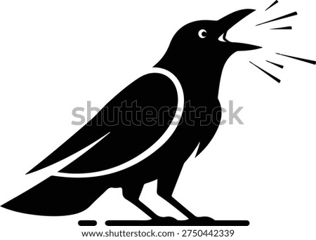Black crow or raven icon side view screaming with open beak vector illustration isolated on white background.