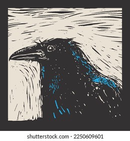 Schwarze Krähe oder Rabe auf weißem Hintergrund in der Technik der Linocut. Handgezeichnete Illustration Kann als Stempel auf Stoff, Briefmarke, Postkarte verwendet werden