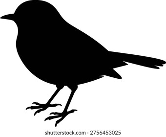 Black crow silhouette, corvid bird side view standing vector illustration, isolated wildlife clipart on white background for nature design and animal graphic element