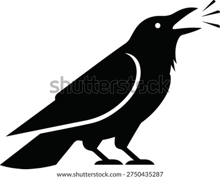 Black crow silhouette icon isolated on white background, vector illustration of a raven calling or croaking.