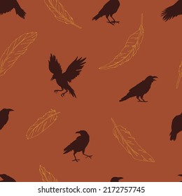 Black Crow Silhouette In Various Poses Bird Feather Vector Seamless Pattern. Line Art Retro Raven Figures Background. Boho Halloween Mystical Surface Design.