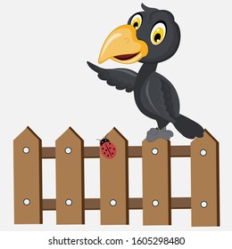 a black crow sits on a brown fence on a white background