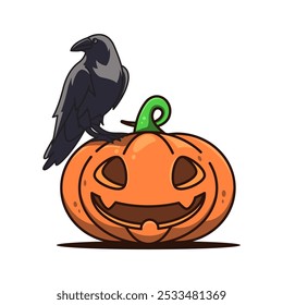 a black crow sits on a pumpkin with a crow on it