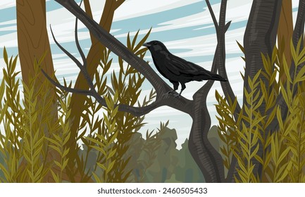 Un cuervo negro se sienta en una rama de árbol en un bosque de verano. Cuervo salvaje Corvus corax. Paisaje de Vector realista