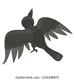 black crow sitting with its back to us spreading its wings, cartoon illustration, isolated object on a white background, vector, eps