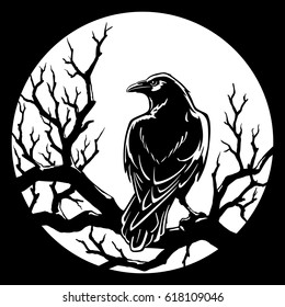 Black crow sitting at night on a tree branch against the background of the moon vector illustration