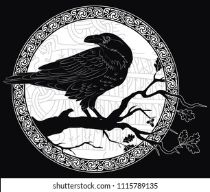 Black crow sitting on a branch of an oak tree, and Scandinavian runes, carved into stone, isolated on black, vector illustration
