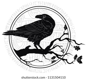 Black crow sitting on a branch of an oak tree, and Scandinavian runes, carved into stone, isolated on white, vector illustration