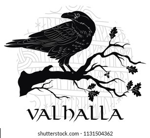 Black crow sitting on a branch of an oak tree, and Scandinavian runes, carved into stone, isolated on white, vector illustration