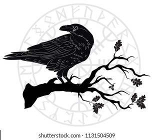 Black crow sitting on a branch of an oak tree, and Scandinavian runes, isolated on white, vector illustration