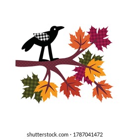 

Black crow sitting on a branch of maple with colorful leaves. Vector illustration of autumn nature. Isolated drawing on a white background.