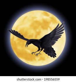 Black crow soars on the background of a full moon