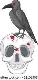 Black crow standing on skull illustration