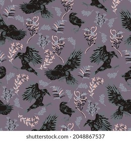 Black crow vector seamless pattern. Surface design for fabric, wallpaper, wrapping paper, scrapbooking, invitation card, fashion. Dark violet, lilac, black colors.
