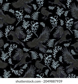 Black Crow Vector Seamless Pattern. Surface Design For Fabric, Wallpaper, Wrapping Paper, Scrapbooking, Invitation Card, Fashion. Dark And Light Blue Colors.